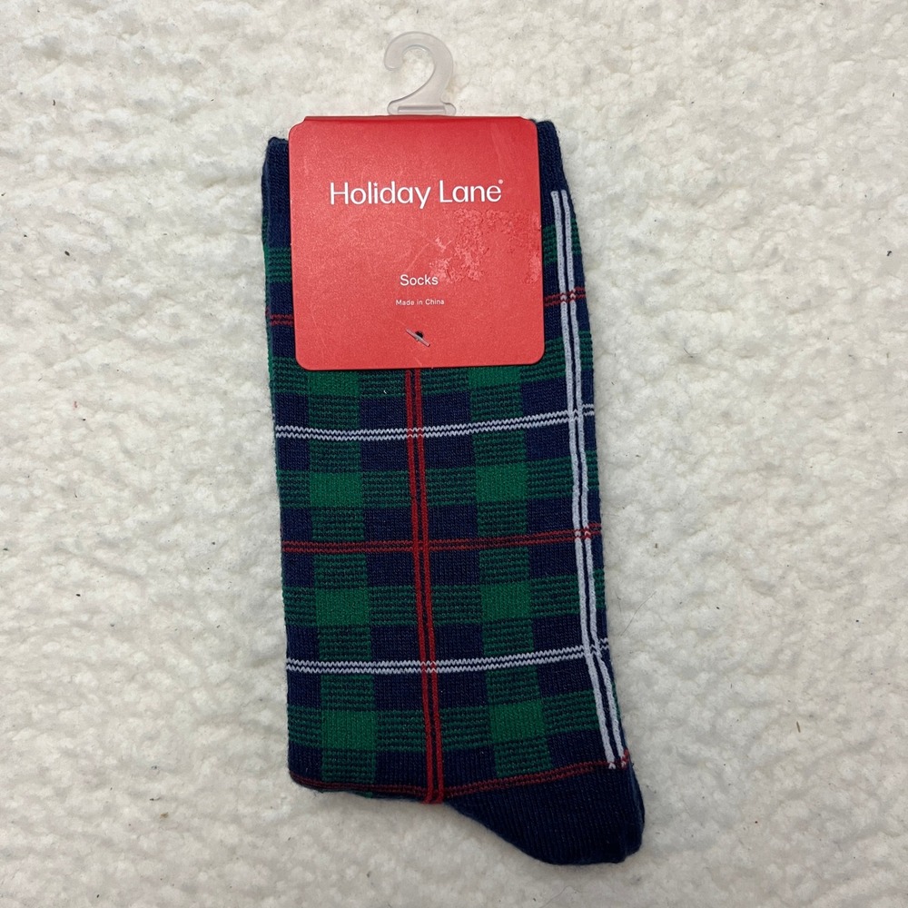 Holiday Lane Socks Mens 9-11 Green Family Plaid Acrylic Crew Festive 100196972